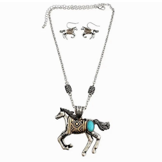 Aztec Save The Wild Horse Gold Native Necklace Set