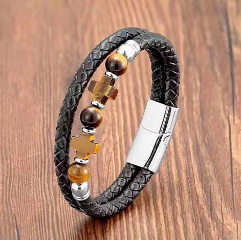 High Quality Stainless Steel Multi-Layer Real Leather Natural Tiger Eye Double Cross Bracelet