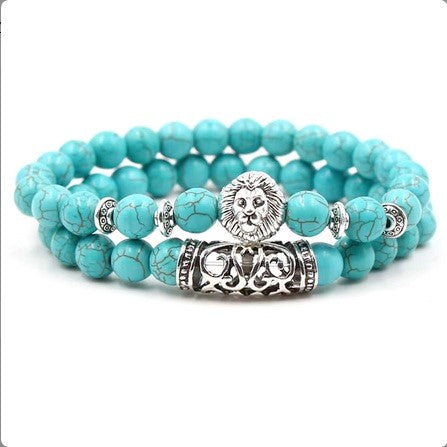 Double Turquoise 8mm Beaded Lion Bracelet