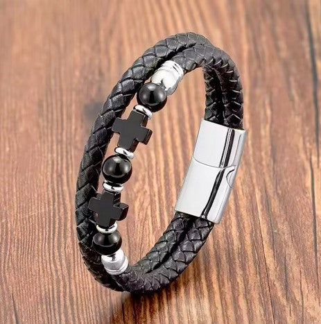 High Quality Stainless Steel Multi-Layer Real Leather Natural Black Onyx Double Cross Bracelet