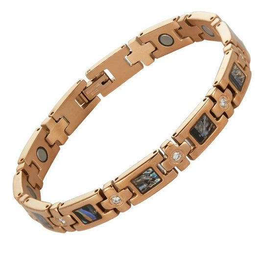 Rose Gold Plated Cross Link Bracelet - abalone and CZs