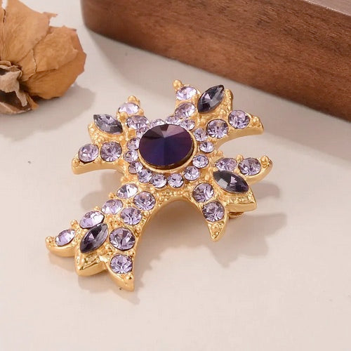 Vintage 14K Gold Plated Cross Brooch With Purple Rhinestones
