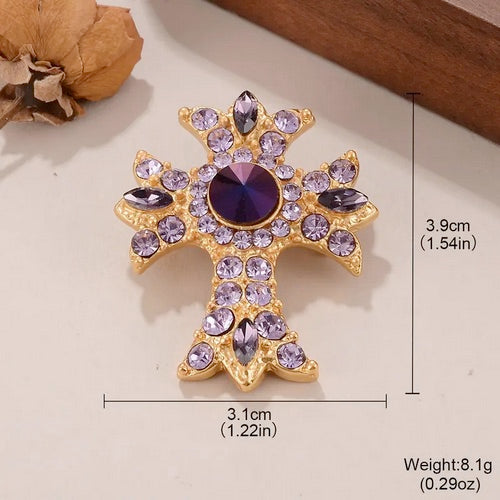Vintage 14K Gold Plated Cross Brooch With Purple Rhinestones