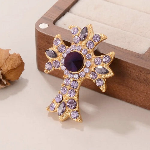 Vintage 14K Gold Plated Cross Brooch With Purple Rhinestones