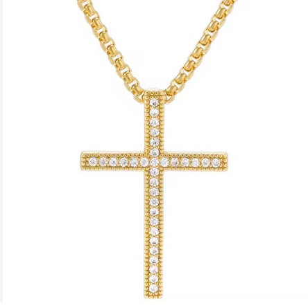 New Stunning 18K Gold Plated Stainless Steel Cross Necklace with Cubic Zirconias