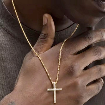 New Stunning 18K Gold Plated Stainless Steel Cross Necklace with Cubic Zirconias