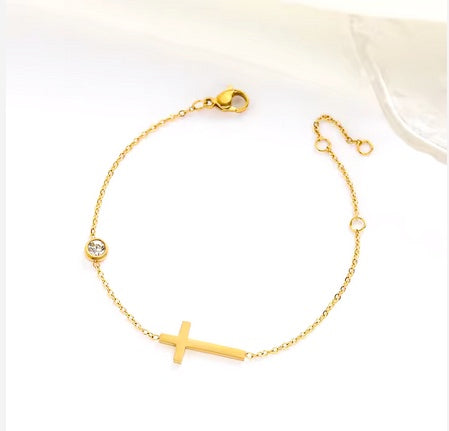 18k Gold Plated Waterproof Stainless Steel Cross Zircon Bracelet