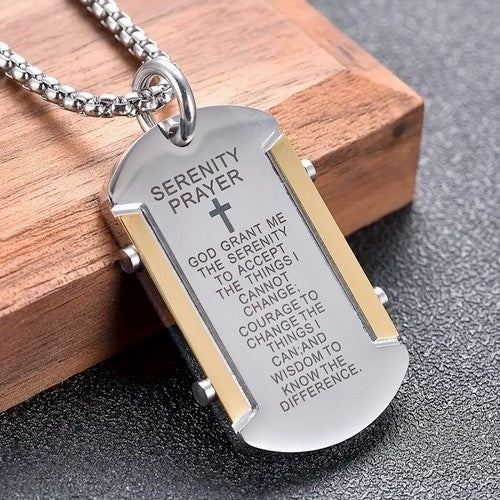 Two Tone Stainless Steel Serenity Prayer Dog Tag Style Necklace