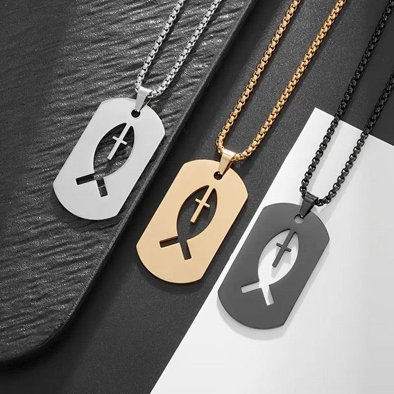 Dog Tag Style Fishers Of Men Cross Necklace