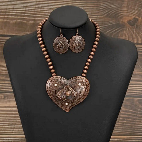 Boho-Chic Vintage Horse Head & Heart Beaded Necklace and Earrings Set - Turquoise Inlaid, Zinc Alloy