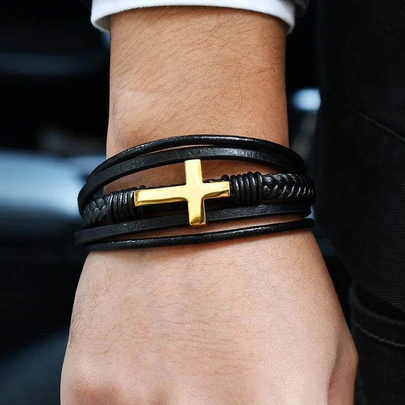 Mutual-Strand Leather Cross Bracelet