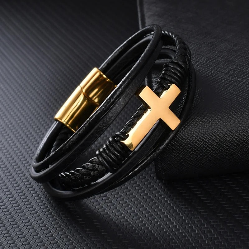 Mutual-Strand Leather Cross Bracelet