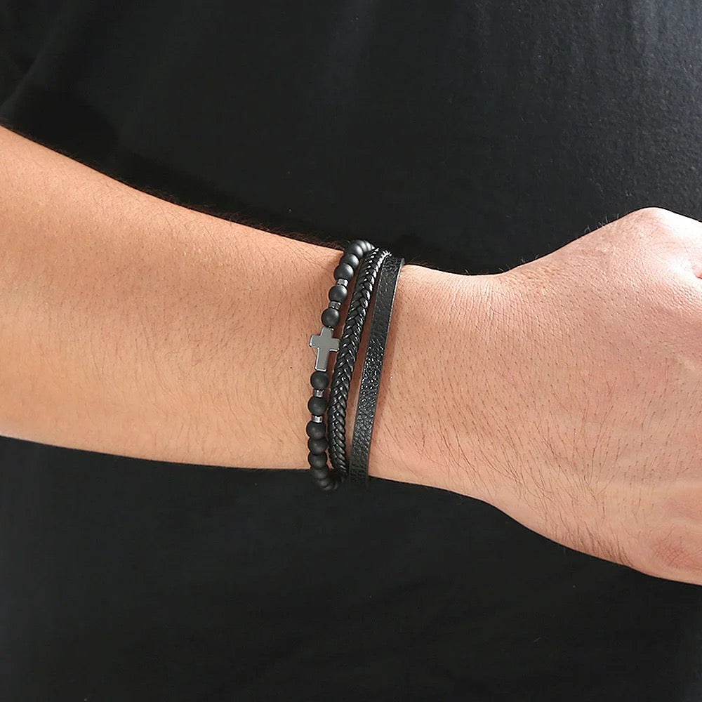 Handmade Three Strand Natural Stone Leather Cross Bracelet