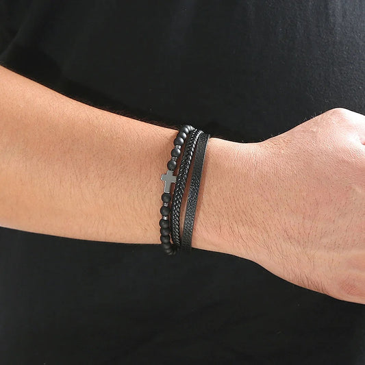 Handmade Three  Strand Natural Stone Leather Cross Bracelet