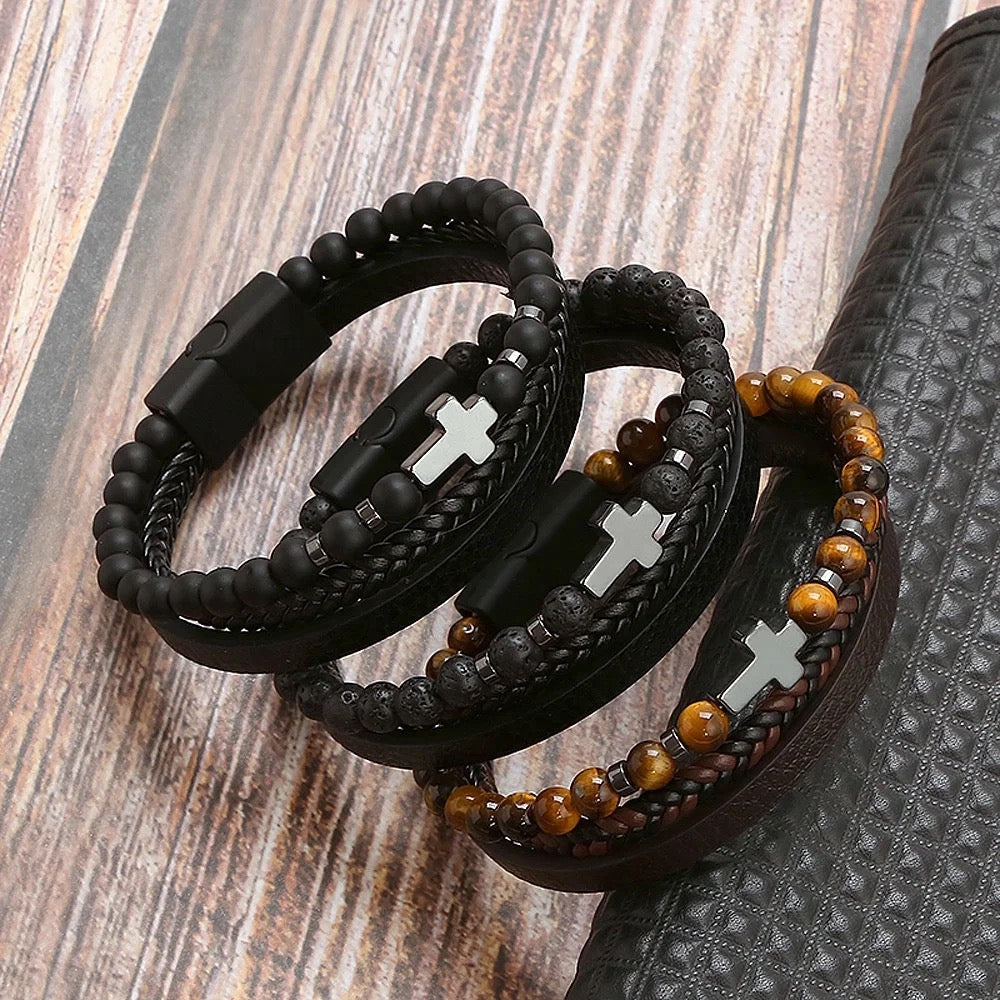 Handmade Three Strand Natural Stone Leather Cross Bracelet