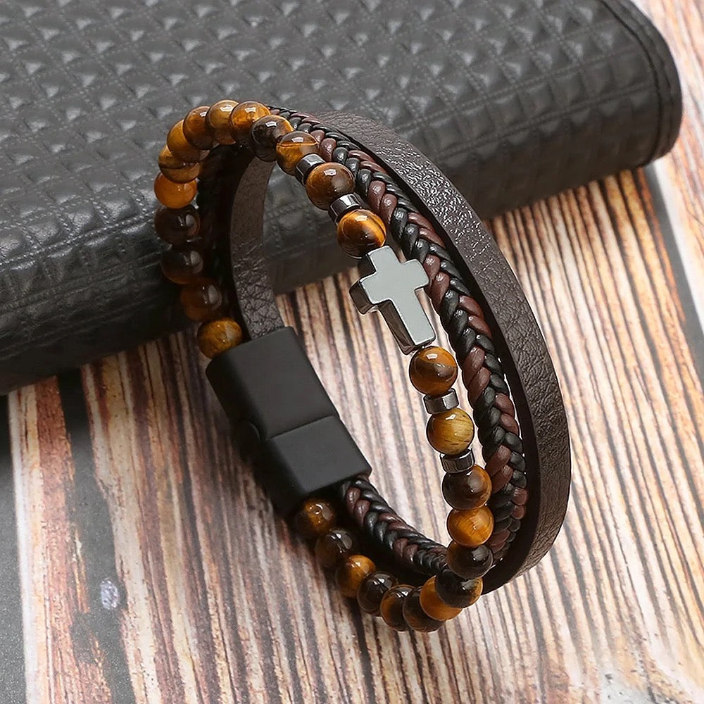 Handmade Three Strand Natural Stone Leather Cross Bracelet