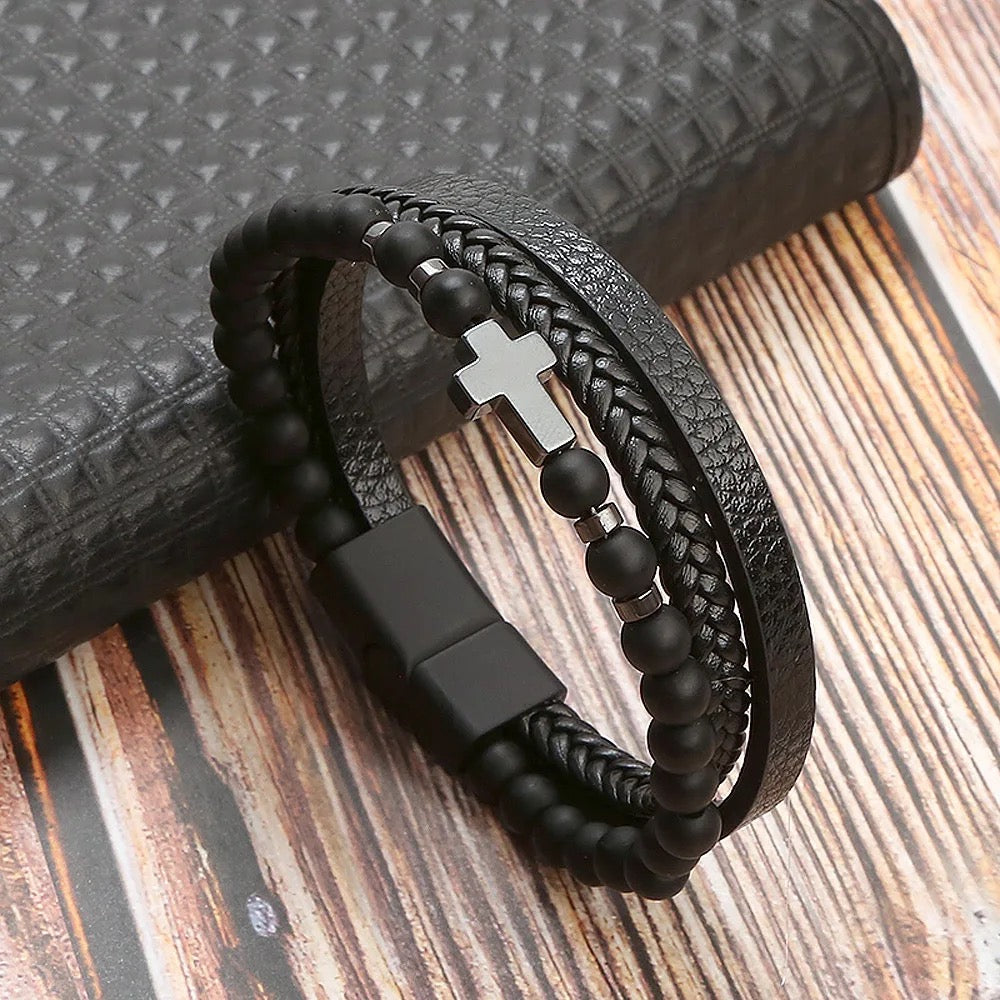 Handmade Three Strand Natural Stone Leather Cross Bracelet