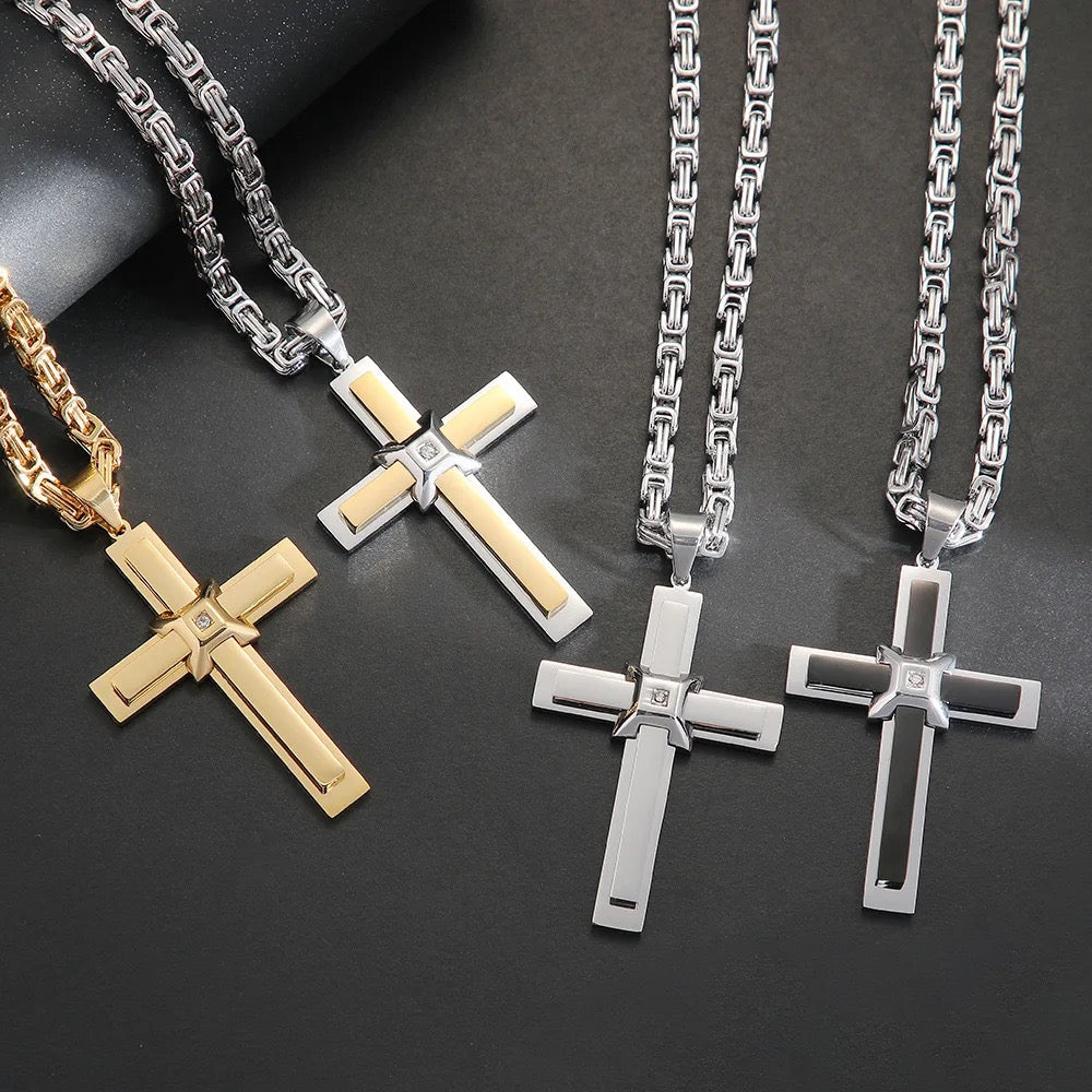 Large Men’s Two Layer Cubic Zerconia Cross Necklace - ON SALE NOW!