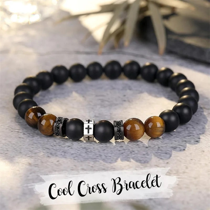 Tigereye Black Onyx Cross Gemstone Bracelet