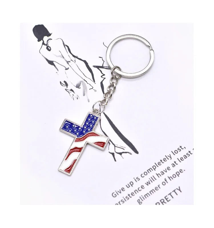 American Flag Color Cross Keychain