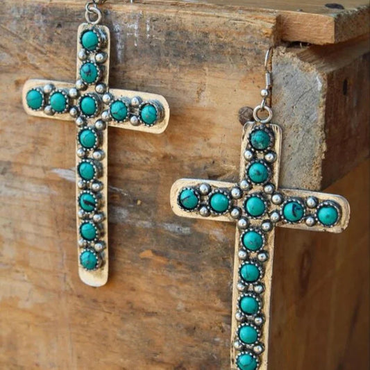 Hammered Turquoise Cross Earrings