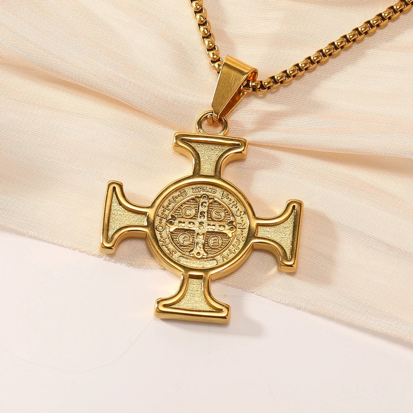 Vintage 18K Gold Plated Stainless Steel Saint Benedict Necklace
