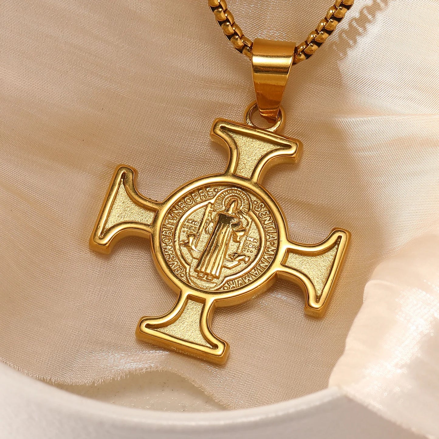 Vintage 18K Gold Plated Stainless Steel Saint Benedict Necklace