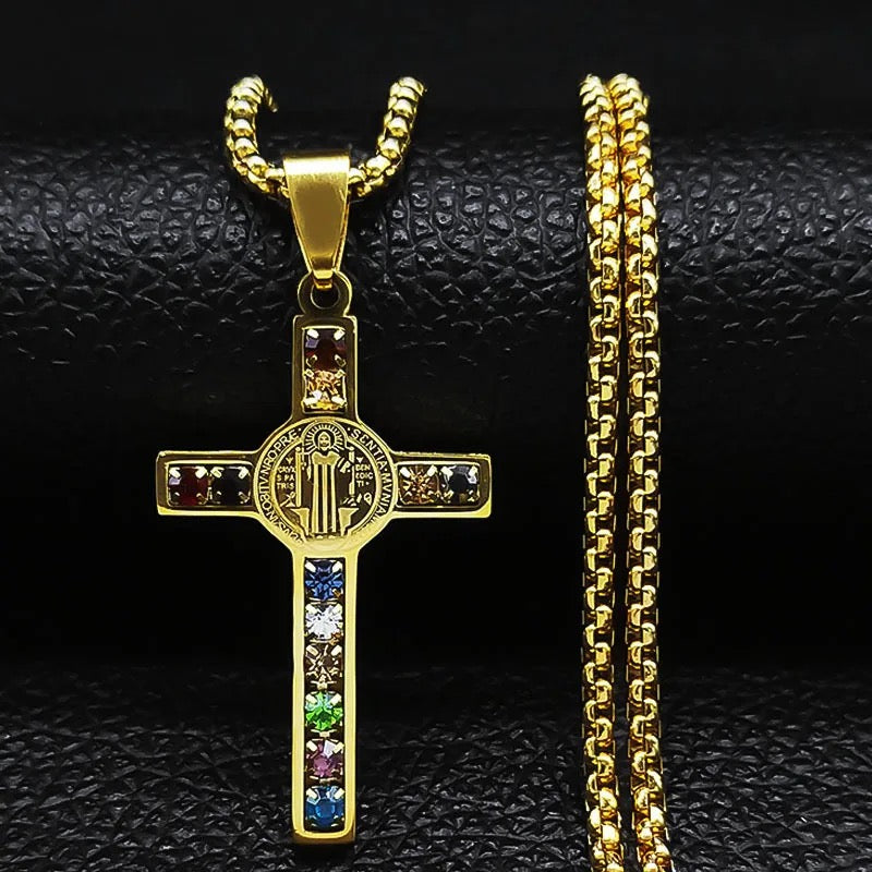 Gold Plated Stainless Steel CZ Cross Necklace