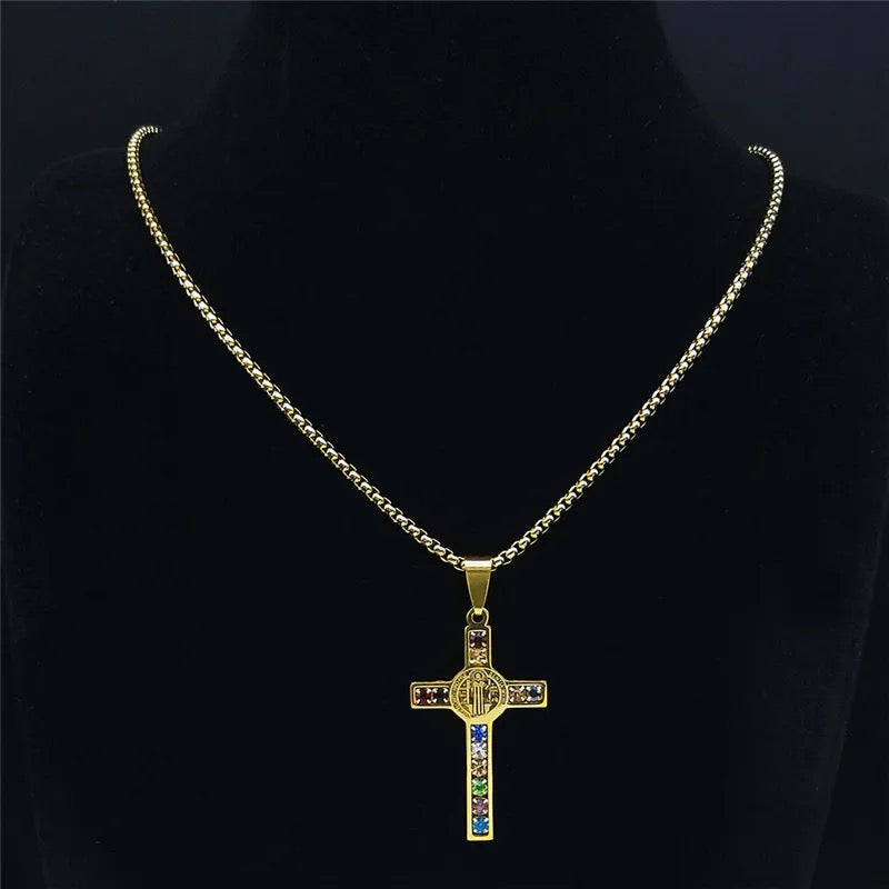 Gold Plated Stainless Steel CZ Cross Necklace
