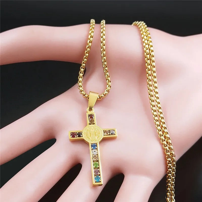 Gold Plated Stainless Steel CZ Cross Necklace