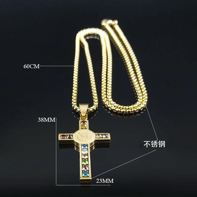 Gold Plated Stainless Steel CZ Cross Necklace