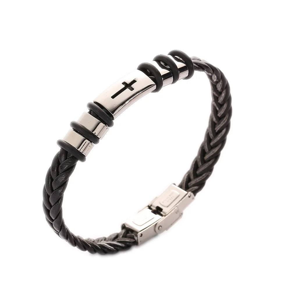 Leather Braided Stainless Steel Cross Bracelet