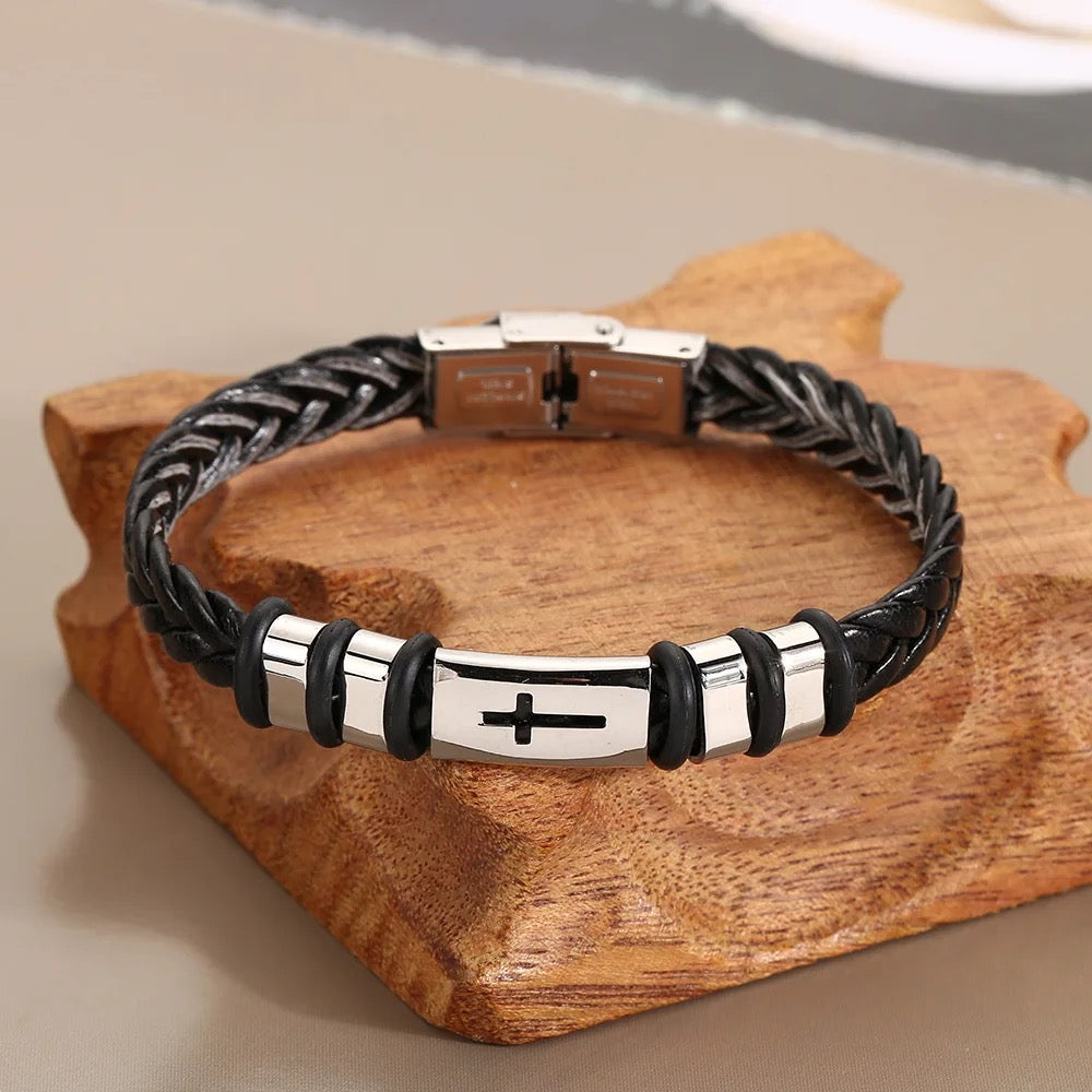 Leather Braided Stainless Steel Cross Bracelet
