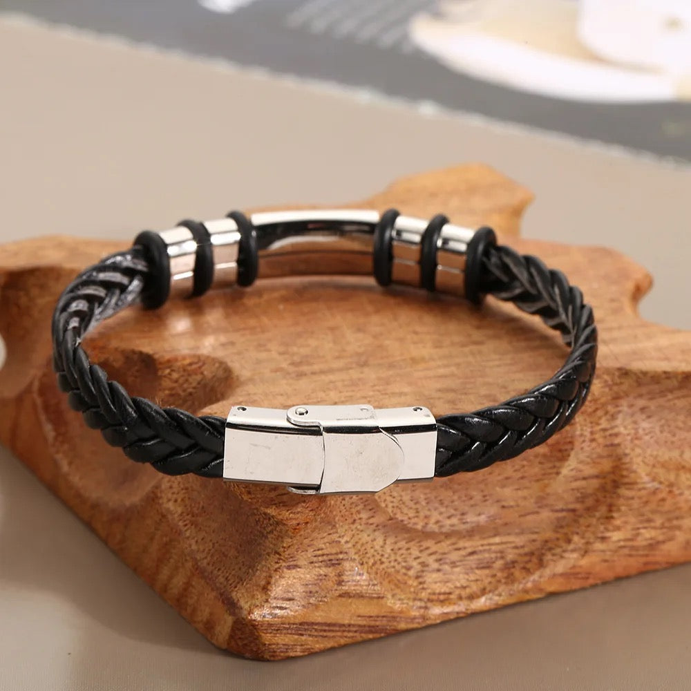 Leather Braided Stainless Steel Cross Bracelet