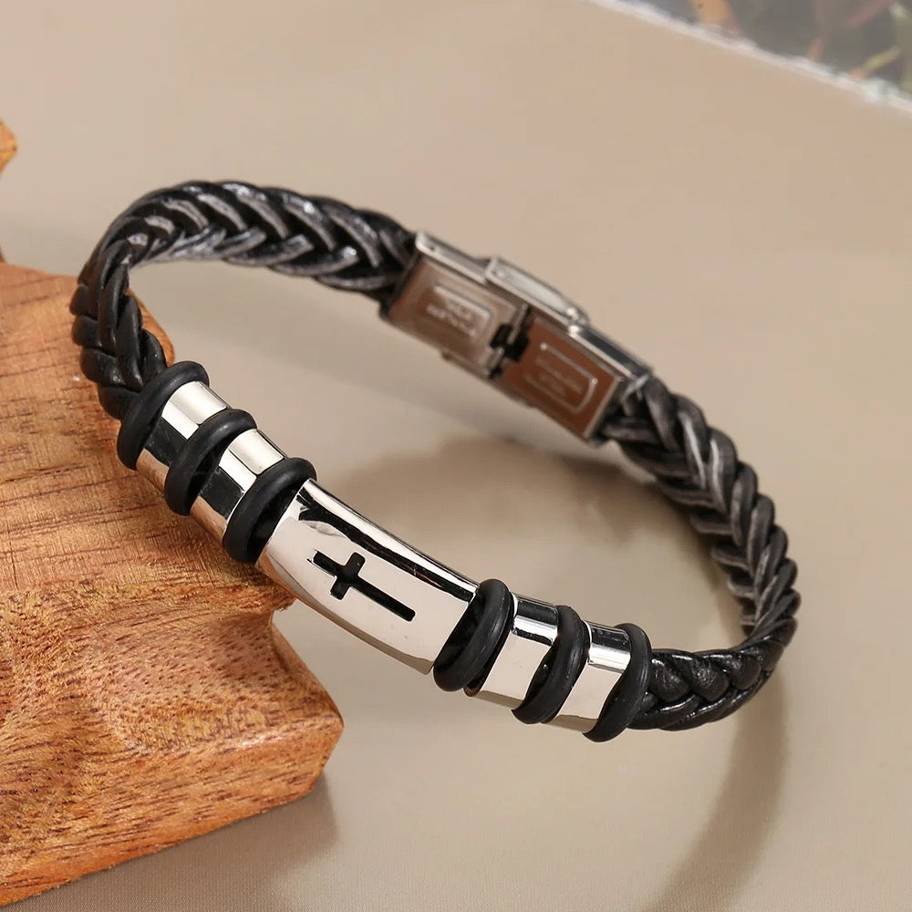 Leather Braided Stainless Steel Cross Bracelet