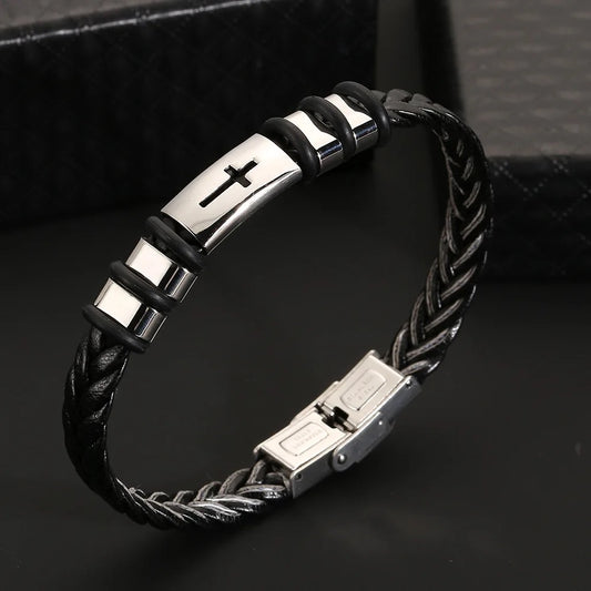 Leather Braided Stainless Steel Cross Bracelet