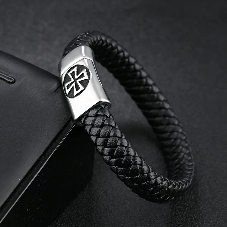 Knight Templar Braided Stainless Steel Cross Bracelet
