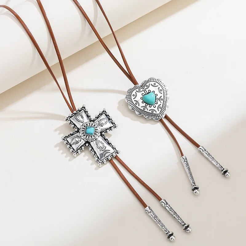 Lady’s Red Cord Silver Plated Cross Bolo Tie