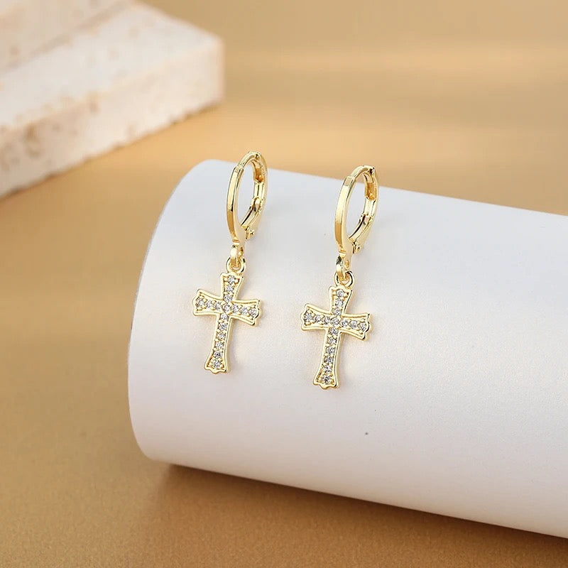 14k Gold Plated Micro inlaid Zircon Hoop Cross Earrings