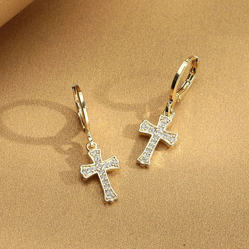 14k Gold Plated Micro inlaid Zircon Hoop Cross Earrings