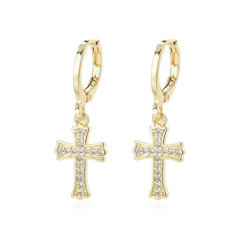 14k Gold Plated Micro inlaid Zircon Hoop Cross Earrings