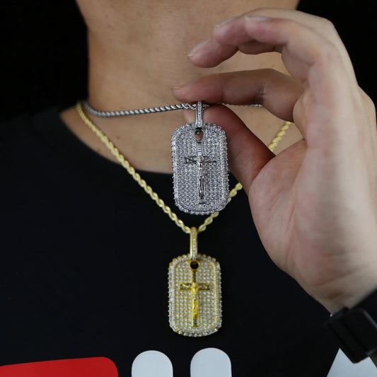 Cubic Zirconia Crucifixion Dog Tag Necklace
