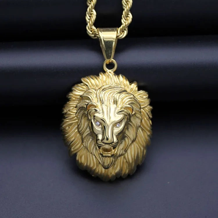 Lion Head Necklace With CZ’s - Gold plated with heavy rope chain