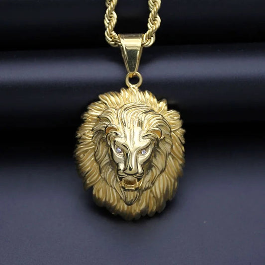 Lion Head Necklace With CZ’s - Gold plated with heavy rope chain