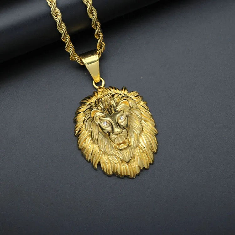Lion Head Necklace With CZ’s - Gold plated with heavy rope chain