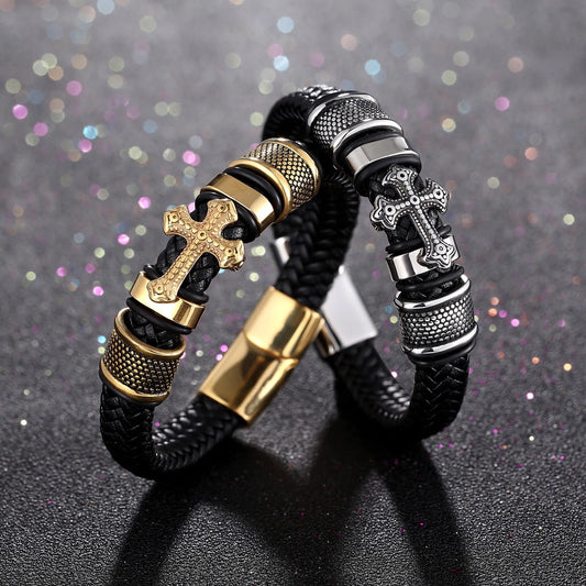 Men’s Magnetic Clasp Cross Bracelet - Long Lasting Stainless Steel Cross - Braided Genuine Leather