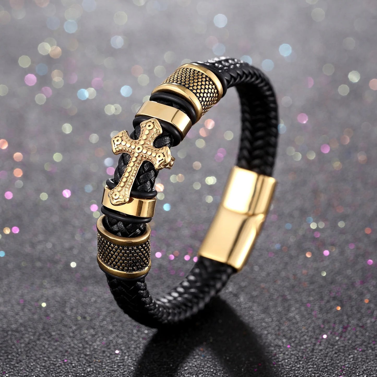 Men’s Magnetic Clasp Cross Bracelet - Long Lasting Stainless Steel Cross - Braided Genuine Leather