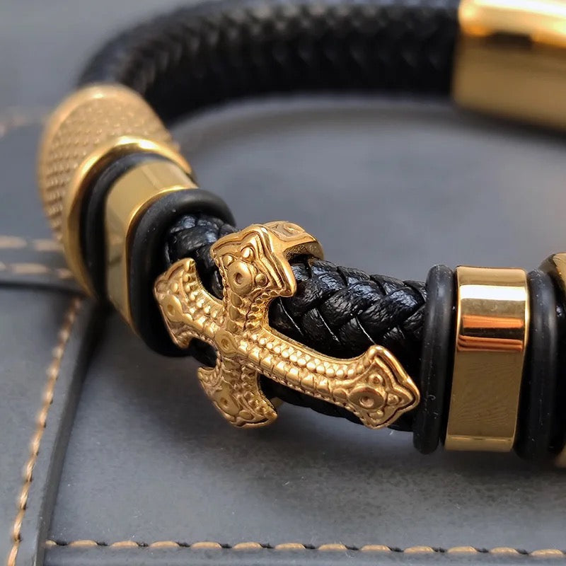 Men’s Magnetic Clasp Cross Bracelet - Long Lasting Stainless Steel Cross - Braided Genuine Leather