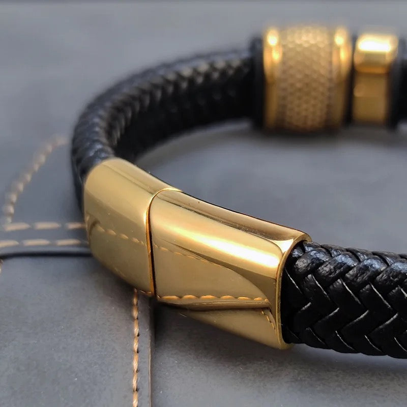Men’s Magnetic Clasp Cross Bracelet - Long Lasting Stainless Steel Cross - Braided Genuine Leather