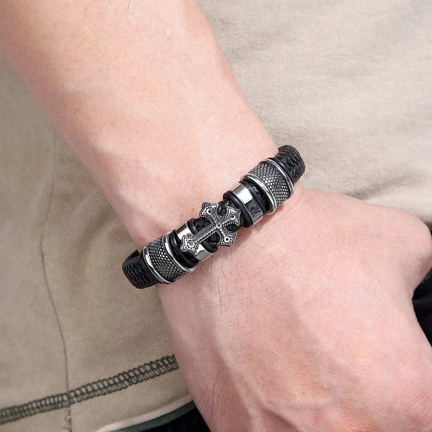 Men’s Magnetic Clasp Cross Bracelet - Long Lasting Stainless Steel Cross - Braided Genuine Leather